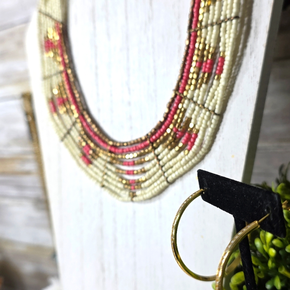 Boho Pink,Cream and Gold Seed Bead Collar Necklace & Earrings
